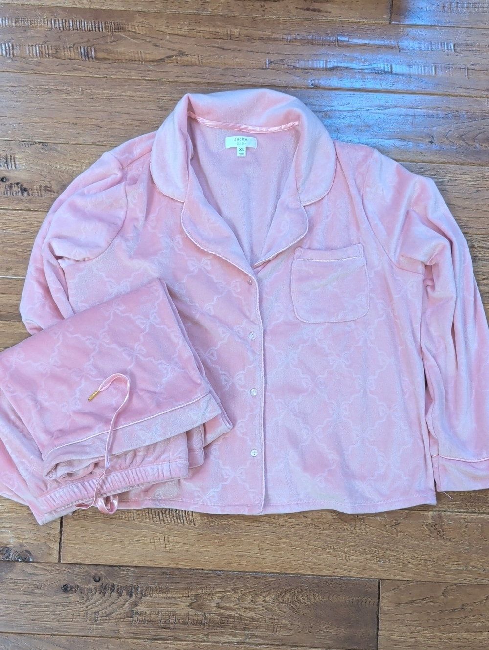 Jaclyn New York Bow Embossed Pink Velour Pajama Set